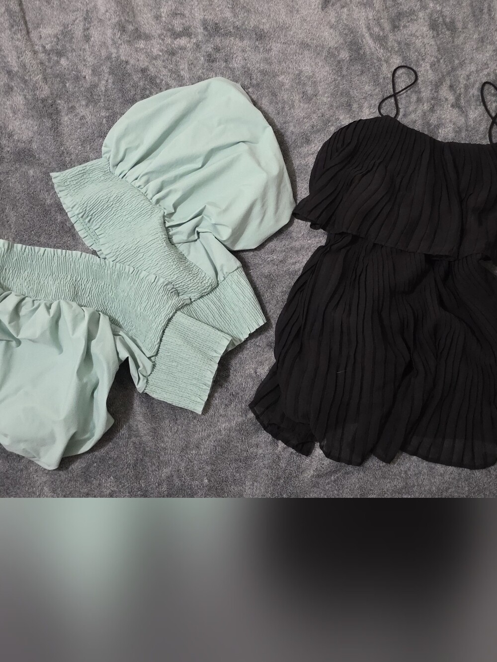 Zara Mint Puff-Sleeve Crop Top & Black Pleated Spaghetti-Strap Top